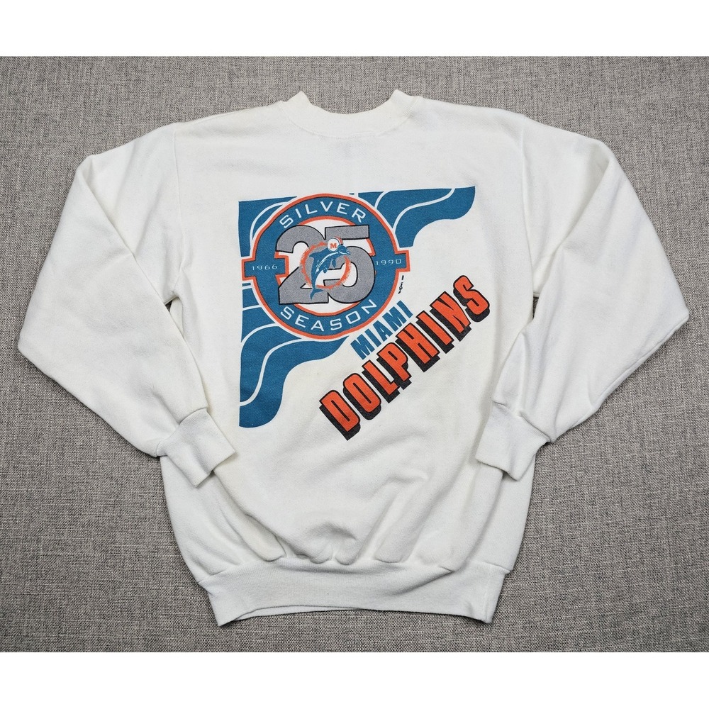 VINTAGE Miami Dolphins Sweatshirt Mens Small White NFL‎ Football Silver Season
